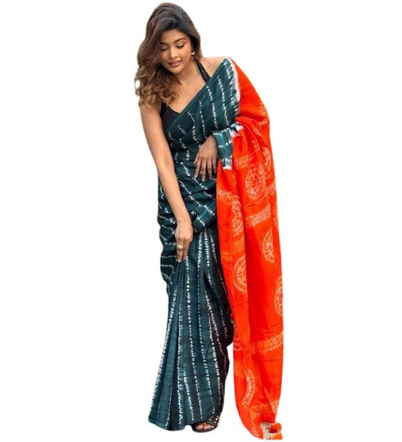 Generic Women's Linen Printed Saree With Unstitched Blouse - 5.5 Mtr (Teal-Orange) - Image 2