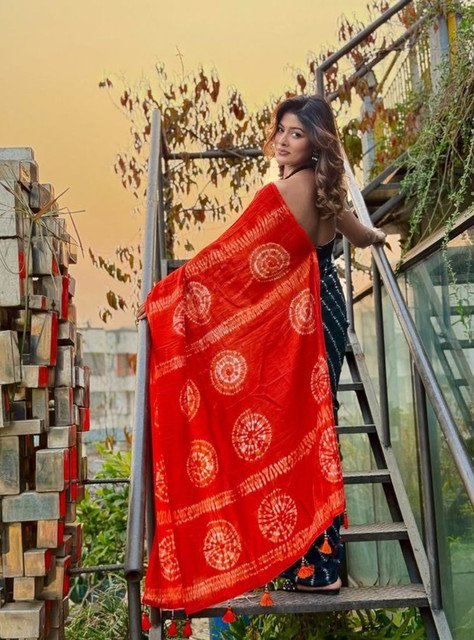 Generic Women's Linen Printed Saree With Unstitched Blouse - 5.5 Mtr (Teal-Orange) - Image 3