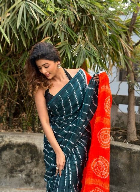 Generic Women's Linen Printed Saree With Unstitched Blouse - 5.5 Mtr (Teal-Orange) - Image 4
