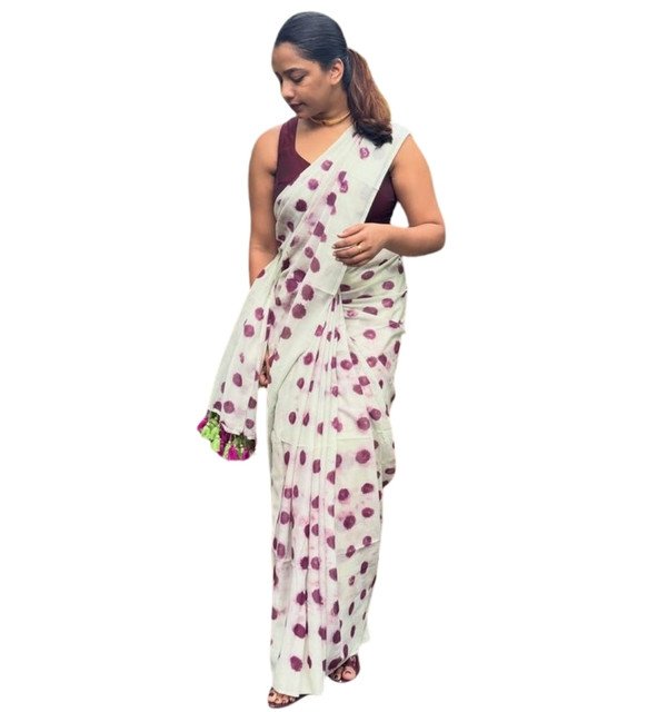 Generic Women's Linen Printed Saree With Unstitched Blouse - 5.5 Mtr (White-Wine) - Image 2