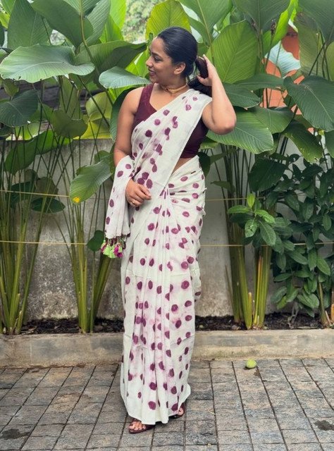 Generic Women's Linen Printed Saree With Unstitched Blouse - 5.5 Mtr (White-Wine) - Image 3