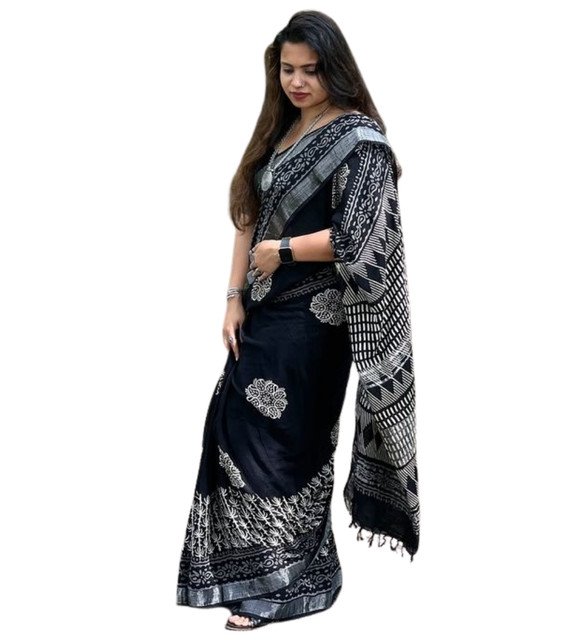 Generic Women's Linen Floral Printed Saree With Unstitched Blouse - 5.5 Mtr (Black) - Image 2