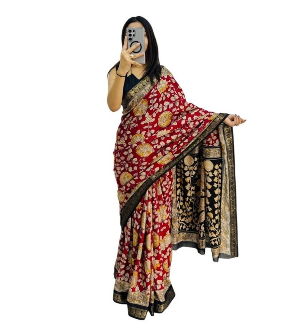 Generic Women's Linen Floral Printed Saree With Unstitched Blouse - 5.5 Mtr (Maroon) - Image 2