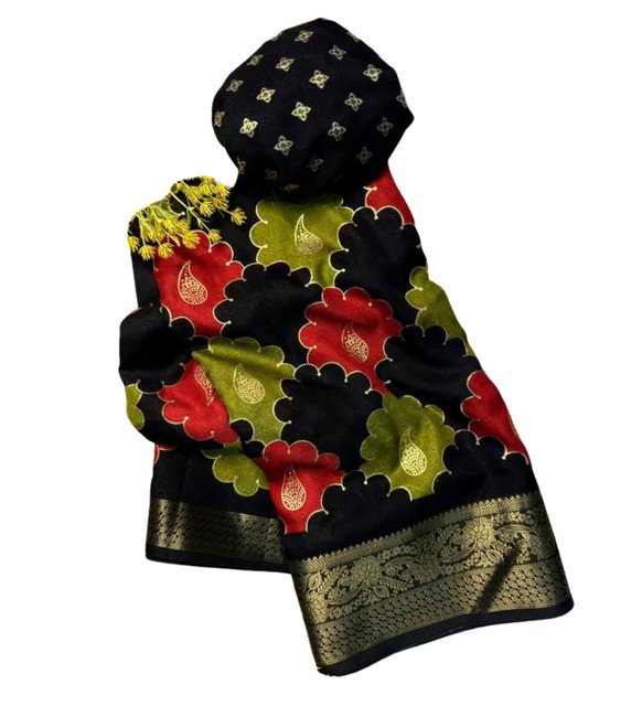 Generic Women's Dola Silk Kalamkari Floral Printed Saree With Unstitched Blouse - 5.5 Mtr (Multicolor) - Image 2