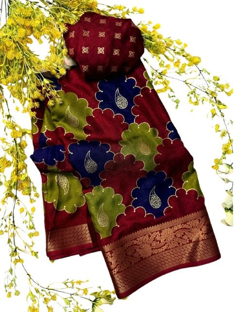 Generic Women's Dola Silk Kalamkari Floral Printed Saree With Unstitched Blouse - 5.5 Mtr (Multicolor) - Image 2