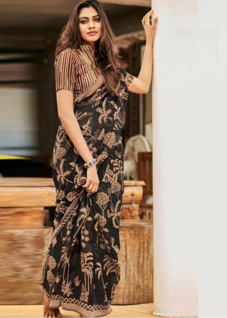 Generic Women's Linen Cotton Printed Saree With Unstitched Blouse - 5.5 Mtr (Black)