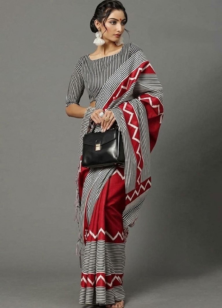 Generic Women's Linen Cotton Striped Saree With Unstitched Blouse - 5.5 Mtr (Red-Grey)