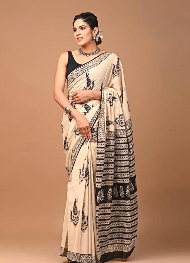 Generic Women's Linen Cotton Printed Saree With Unstitched Blouse - 5.5 Mtr (Cream-Black)