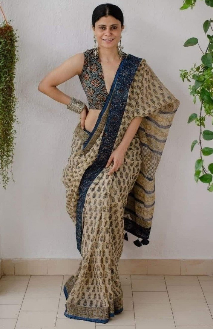 Generic Women's Linen Cotton Printed Saree With Unstitched Blouse - 5.5 Mtr (Cream-Blue)