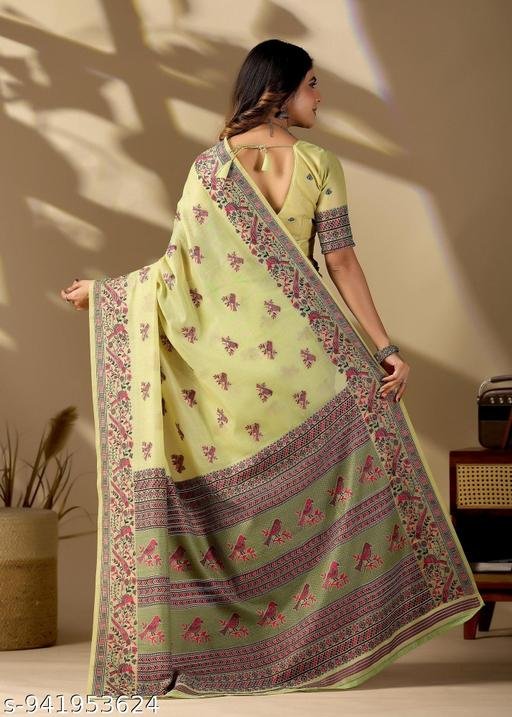 PHEASANT Women's Pista green Soft Cotton Saree with Kalamkari Bird Print - Image 2